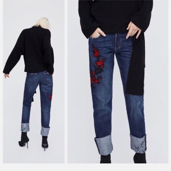Zara Trafaluc | You Like My Shoes Cigarette Cuff Dark Jeans Embroidered Floral 2 - Picture 1 of 6